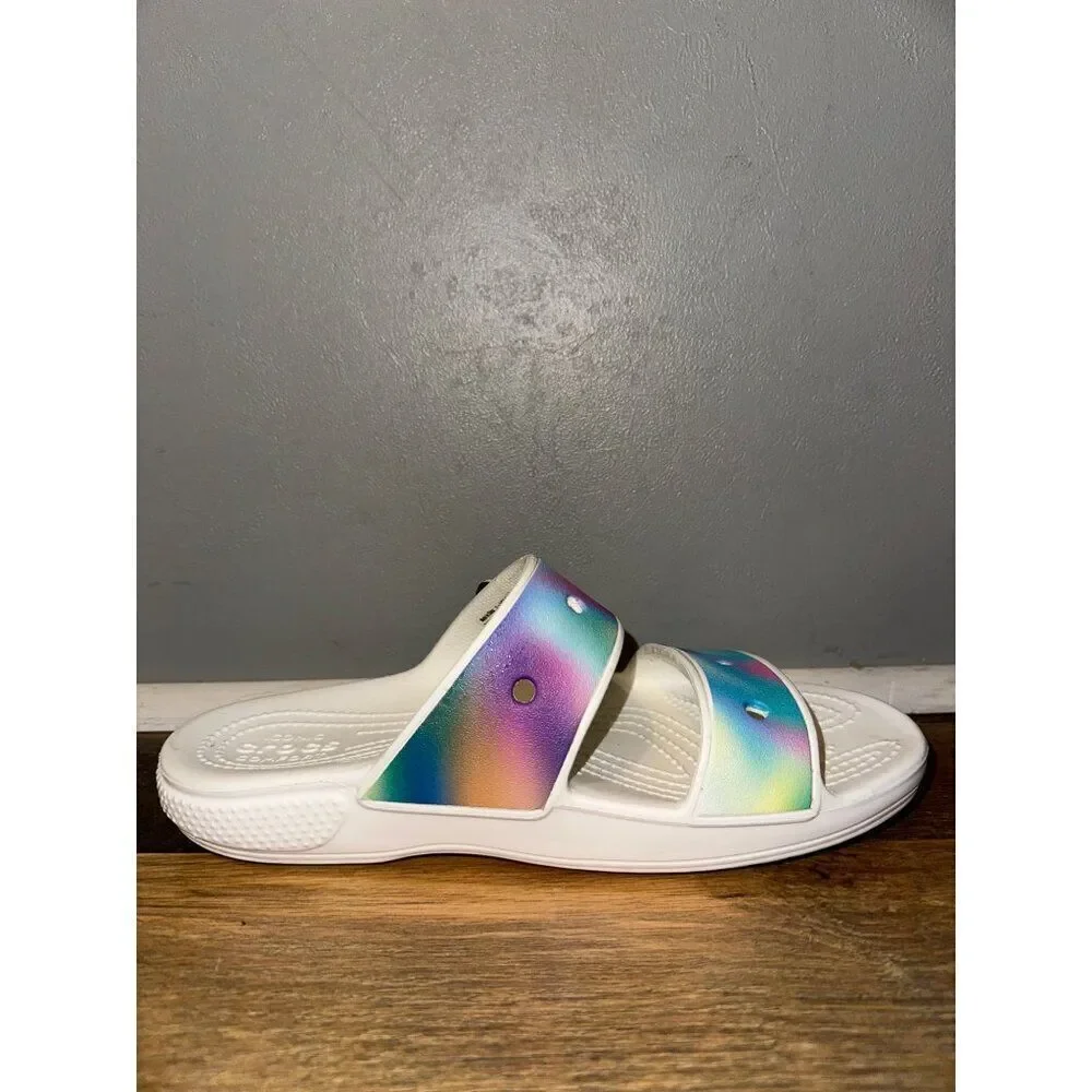 CROCS White Slide Sandals with Rainbow Gradient Straps